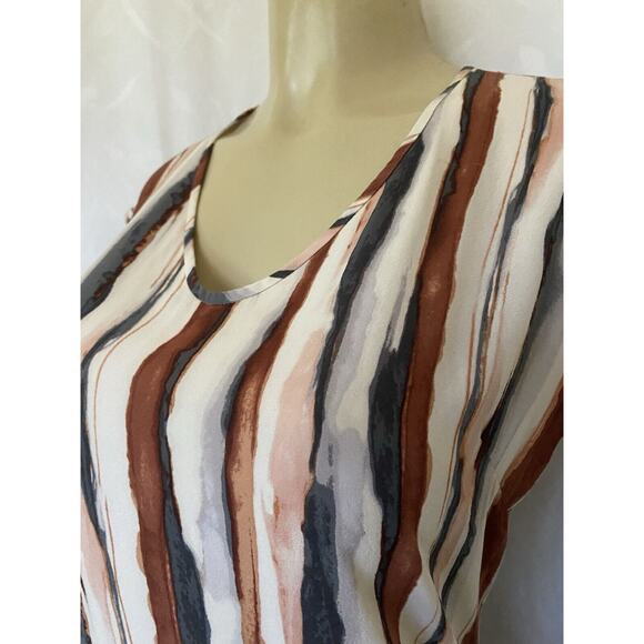 St John Silk Top Blouse Sleeveless Striped Brown Gray Cream Keyhole Stre… - Picture 3 of 9